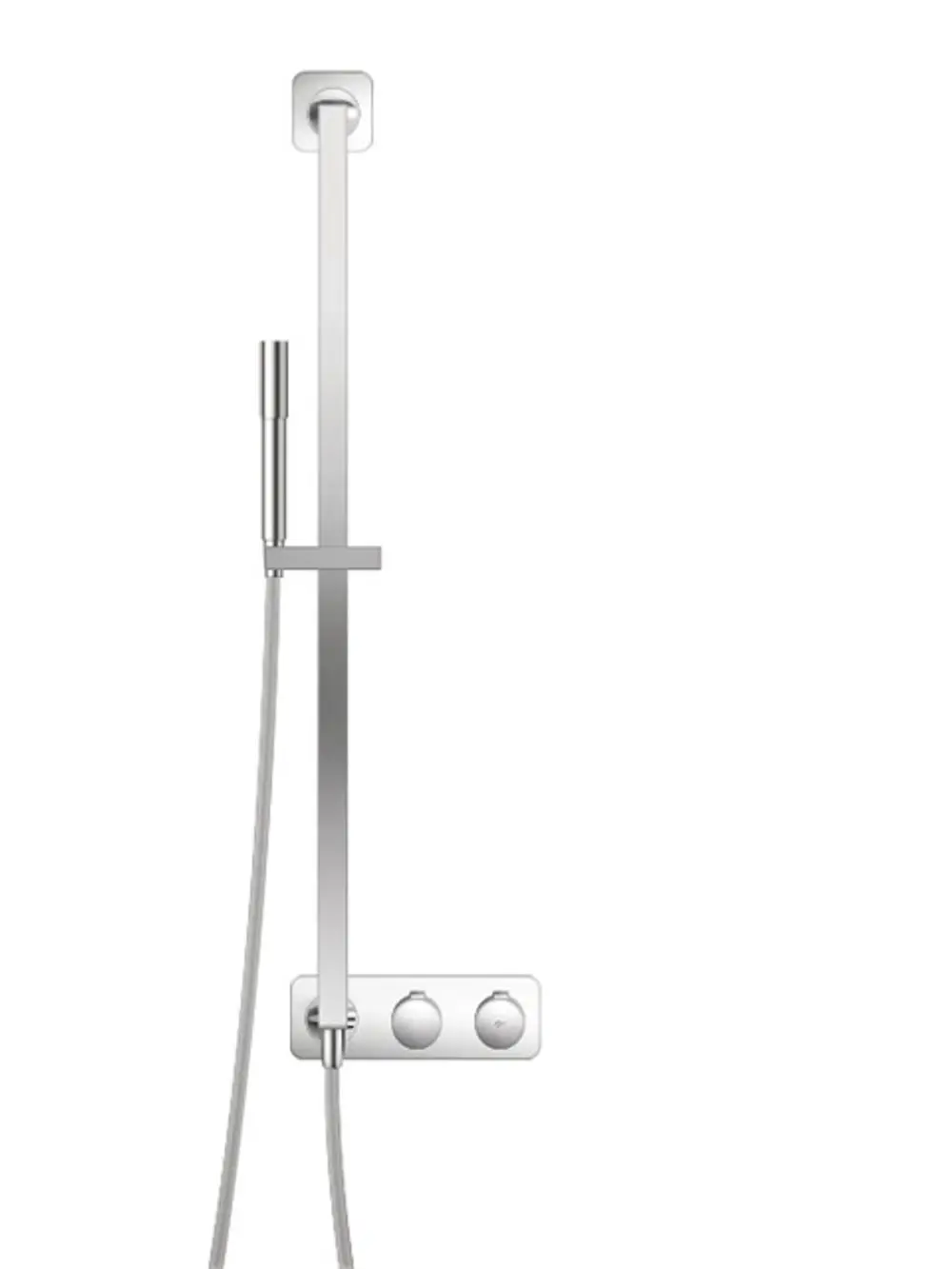 Duschsystem von Ideal Standard mit Handbrause und Wandhalterung in Chromfarbe. Es zeigt einen vertikalen Haltegriff und ein Steuerpanel für die Wasserregulierung.